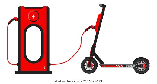 Estación de carga de scooter. Cargador eléctrico de la batería del scooter. Transporte urbano ecológico. Ilustración vectorial, diseño plano. Fondo aislado