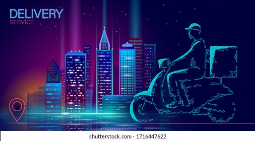 Scooter city delivery box. Walk road neon lights food shipping mobile app order. Package quarantine thermal bag backpack dinner meal. Fast delivery concept vector illustration