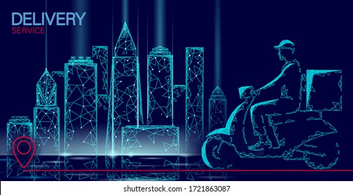 Scooter city delivery box. Walk road neon lights food shipping mobile app order. Package quarantine thermal bag backpack dinner meal. Fast delivery concept vector illustration