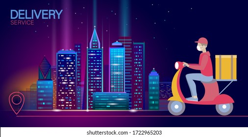 Scooter city delivery box. Walk road neon lights food shipping mobile app order. Package quarantine thermal bag backpack dinner meal. Fast delivery concept vector illustration