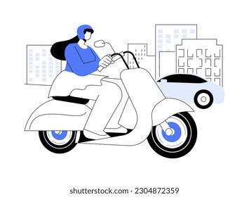 Scooter city ride abstract concept vector illustration. Smiling young woman in helmet riding a scooter on the street, eco-friendly personal transport, electric urban vehicle abstract metaphor.