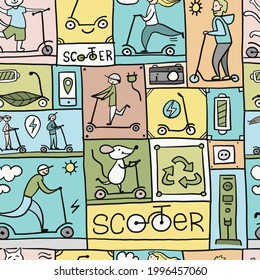 Scooter Comics Background. Ecological Green transport concept. Seamless pattern for your design