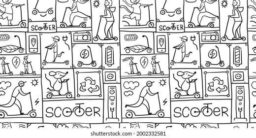 Scooter Comics Background. Ecological Green transport concept. Seamless pattern for your design. Colouring Page