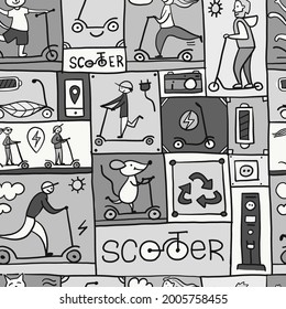 Scooter-Comics-Hintergrund. Ökologischer umweltfreundlicher Verkehr Nahtloses Muster für Ihr Design. Graustufenfarbe