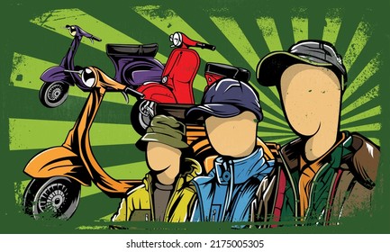 Scooter Community Background. Classic Banner Templates. Cartoon Grunge Style, Vintage. Scooter Event Banner. Vector Illustration