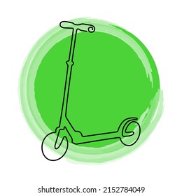 Scooter in continuous line art drawing style on green round slplash Vector illustration