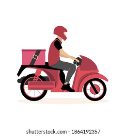 Scooter courier cartoon isolated on white background. Vector scooter delivery, fast service by moped, food courier with box for pizza illustration