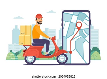Ein Scooter-Kurier macht eine schnelle Lieferung. Vektorgrafik.