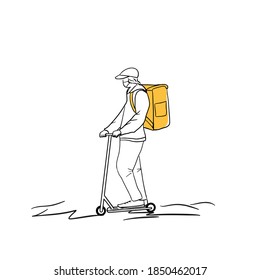 Corredor Scooter con una máscara protectora durante una epidemia Covid.  El concepto de servicio de entrega seguro en línea, entrega a domicilio y oficina.  Ilustraciones dibujadas a mano.
