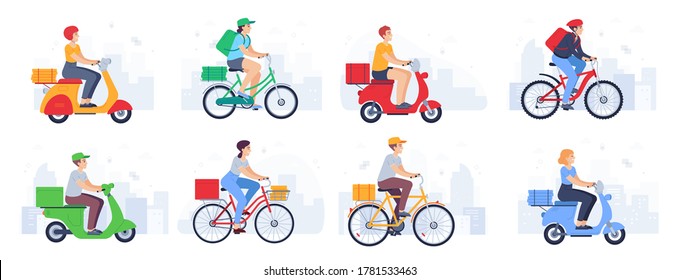 Scooter delivered. Guy courier in helmet on bike carries parcel, fast food. Delivery product with moped in urban landscape vector set. Woman and man characters with backpack, hat on bicycle