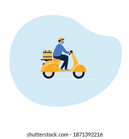 Scooter delivering online order in quarantine time. Man driving man in respiratory mask .delivery service concept, delivery home and office. Vector illustration in cartoon flat style.