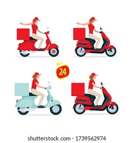 Entrega de Scooter ilustraciones de concepto de servicio las 24 horas. Muchacha conduciendo moto vintage. Iconos de equitación para escopetas. Parte del conjunto.