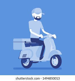 Scooter delivery boy. Courier service worker delivers food, order or parcel to customer, online ordering express city shipping. Vector illustration with faceless character