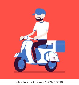 Scooter delivery boy. Courier service worker delivers food, order or parcel to customer, online ordering express city shipping. Vector illustration with faceless character