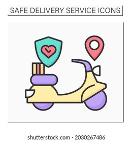 Scooter delivery color icon. Courier scooter with corona virus stop and location. Safe and fast food order service in covid pandemic.Isolated vector illustration