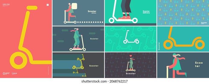 Scooter. Delivery. Electric scooter. Big set. Collection of vector illustrations. Simple, flat design. Patterns and backgrounds. Perfect for poster, cover, banner.