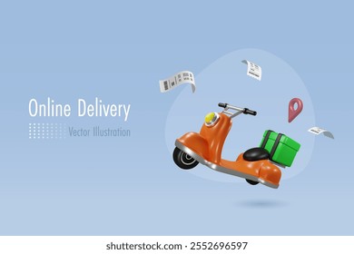 Scooter with delivery food box and bill receipt. E commerce, online shopping and delivery service. 3D vector.