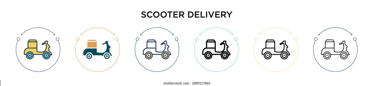 Scooter delivery icon in filled, thin line, outline and stroke style. Vector illustration of two colored and black scooter delivery vector icons designs can be used for mobile, ui, web