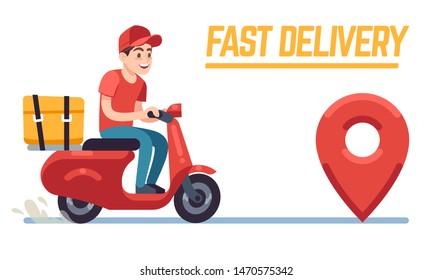 Scooter with delivery man. Fast courier with pizza, motorcycle driver on road to client. Restaurant food service flat vector young deliver cartoon character concept