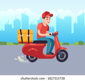 Scooter with delivery man. Fast courier, motorcycle driver on road to client. Courier on red scooter with box order or parcel on city landscape background, express shipping flat vector illustration