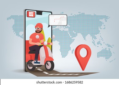 Scooter with delivery man flat vector cartoon character. Fast courier. Restaurant food service, mail delivery service, a postal employee the determination of geolocation using electronic device