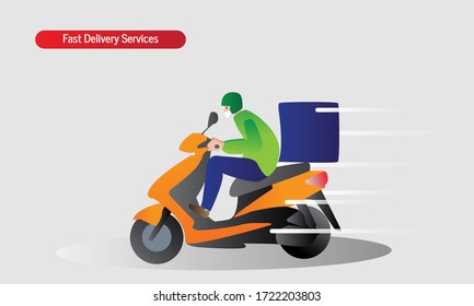 Scooter with delivery man flat vector illustration cartoon character. Fast courier.  service, mail delivery service, a postal etc