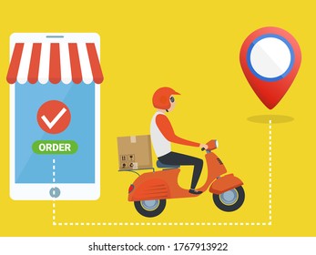 Scooter with delivery man flat vector cartoon character. Fast courier. Restaurant food service, mail delivery service, a postal employee the determination of geolocation using electronic device