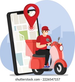 Scooter with delivery man flat vector cartoon character. Fast courier. Restaurant food service, mail delivery service, a postal employee the determination of geolocation using electronic device
