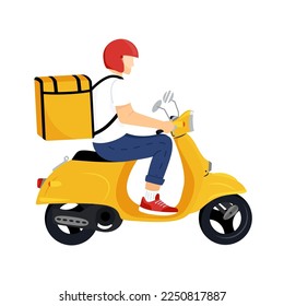 Scooter with delivery man flat vector cartoon character. Fast courier. Restaurant food, mail delivery service, food. Webpage, app design. Isolated on transparent background