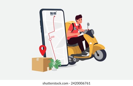 Scooter with delivery man flat vector cartoon character. Vector illustration