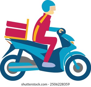 Scooter with delivery man flat vector cartoon character icon. EPS Vector illustration transport box boy business drive fast. scooter ride delivery boy on courier. 