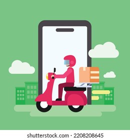 scooter with delivery man vector carrtoon character, courier e-commerce service. order from smartphone