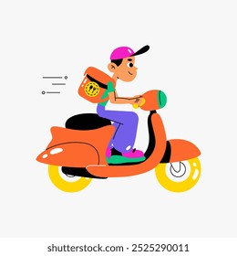 Scooter delivery rider na ilustração vetor plana simbolizando entrega rápida, transporte e serviço de correio, isolado no fundo branco