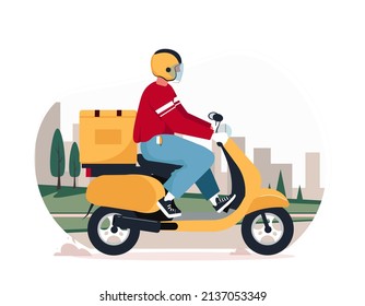Scooter delivery service concept. Food service. Courier character riding scooter with delivery box. Vector cartoon illustration in flat style