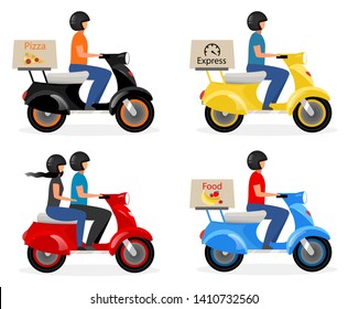 Scooter delivery, taxi flat vector illustrations set. Courier, deliveryman driver on motorcycle, motorbike cartoon character isolated on white background. Food, pizza express delivery service concept