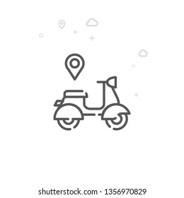 Scooter Delivery Vector Line Icon. City Urban Transport Symbol, Pictogram, Sign. Light Abstract Geometric Background. Editable Stroke. Adjust Line Weight. Design with Pixel Perfection.