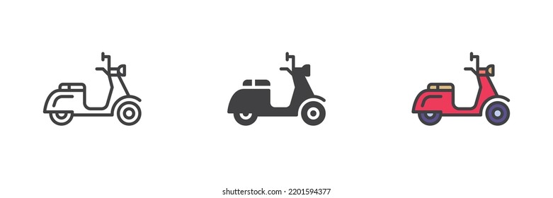 Scooter different style icon set. Line, glyph and filled outline colorful version, motorbike outline and filled vector sign. Symbol, logo illustration. Vector graphics