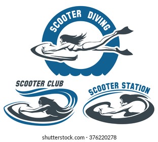 Scooter diving club emblem set. Girls in swimwear and flippers drive underwater scooter. Isolated on white. Free font used.