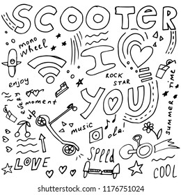 Scooter doodle concept in hand drawn style. Vector illustration. For print, poster, nursery design