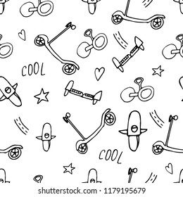 Scooter doodle seamless pattern in hand drawn style. Vector illustration. For print, textile, nursery design