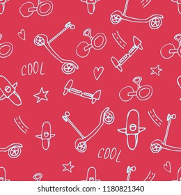 Scooter doodle seamless pattern in hand drawn style. Vector illustration. For print, textile, nursery design