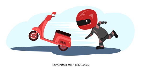Scooter driver. Biker Cartoon. Child illustration. Chasing. In a sports uniform and a red helmet. Cool motorcyclist. Isolated on white background. Vector