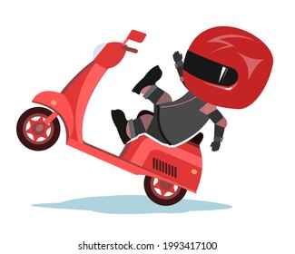 Scooter driver. Biker Cartoon. Child illustration. Accident. In a sports uniform and a red helmet. Cool motorcyclist. Isolated on white background. Vector