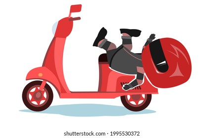 Scooter driver. Biker Cartoon. Child illustration. Fell. In a sports uniform and a red helmet. Cool motorcyclist. Isolated on white background. Vector