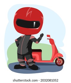 Conductor de Scooter. Caricatura en bicicleta. Ilustración infantil. Él se mueve la mano. Con uniforme deportivo y casco rojo. Genial motociclista. Aislado sobre fondo blanco. Vector.