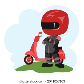 Scooter driver. Biker Cartoon. Child illustration. Proud of victory. In a sports uniform and a red helmet. Cool motorcyclist. Isolated on white background. Vector.