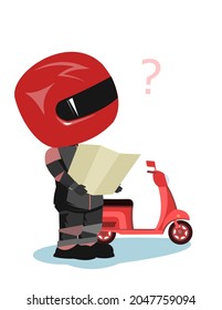 Scooter driver. Biker Cartoon. Child illustration. Examines map. In a sports uniform and a red helmet. Cool motorcyclist. Isolated on white background. Vector.