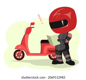 Scooter driver. Biker Cartoon. Child illustration. Atlas of roads. In a sports uniform and a red helmet. Cool motorcyclist. Isolated on white background. Vector.