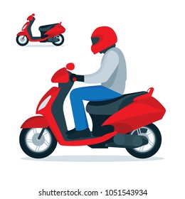 Scooter and scooter driver in helmet. Trendy electric scooter, isolated on white background. Flat style vector illustration.