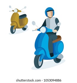 Scooter and scooter driver in helmet.
Trendy electric scooter, isolated on white background.
Flat style vector illustration.